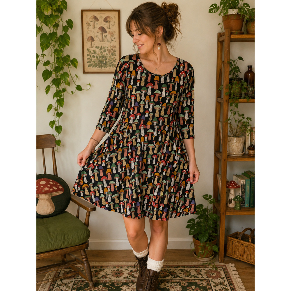 LA Soul Mushroom Print Fit Flare Sweater Dress Women's M Cottagecore Fairycore